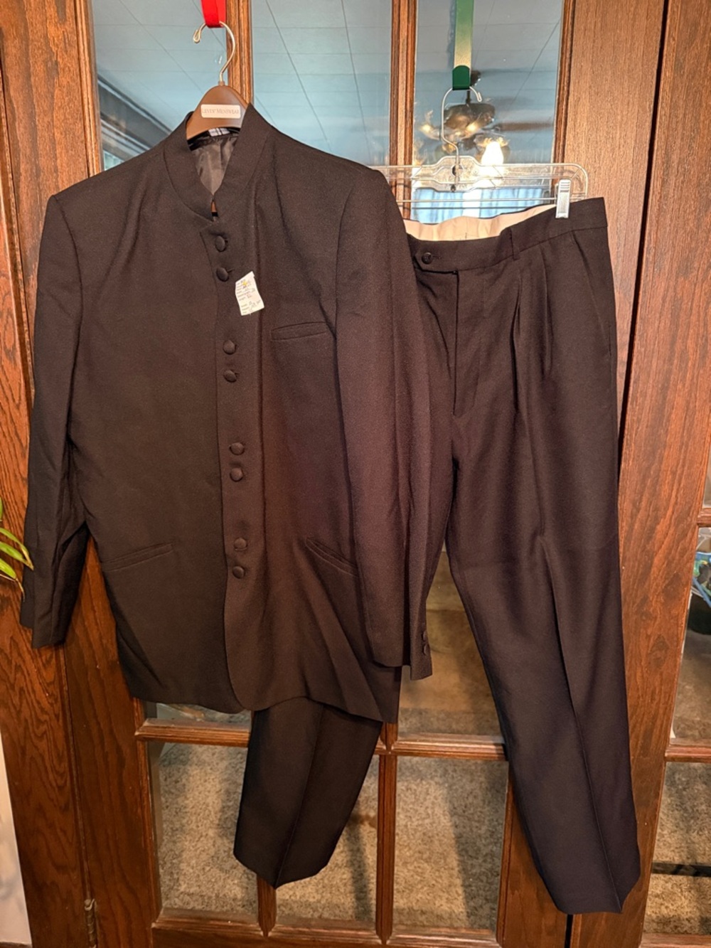 Eddie Domani‎ Mens Black Nehru Mandarin Collar 2 Piece Suit Jacket Pants 44 36L